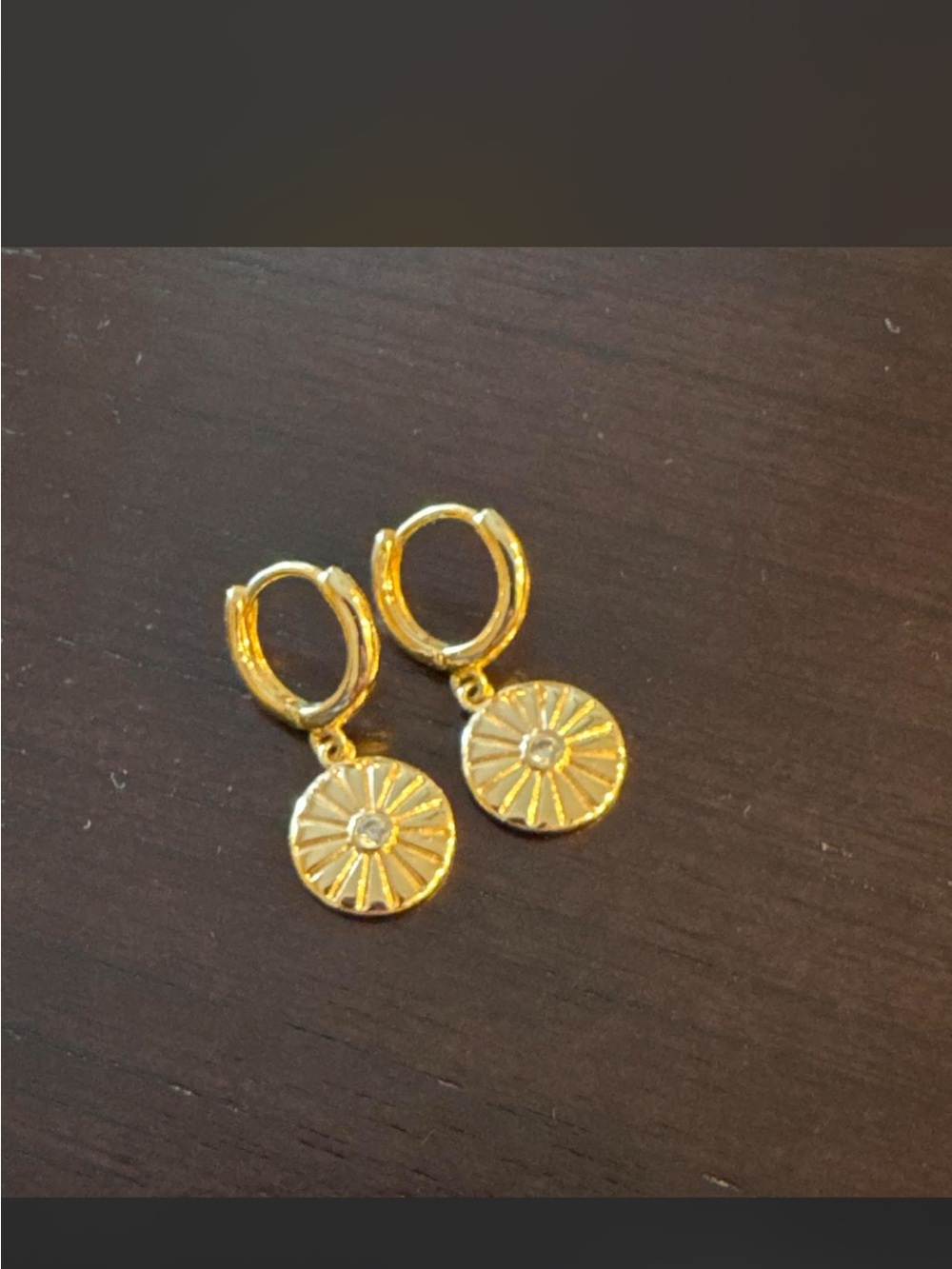 Gold Sunburst Disc Hoop Drop Earrings - Dainty Women's Jewelry